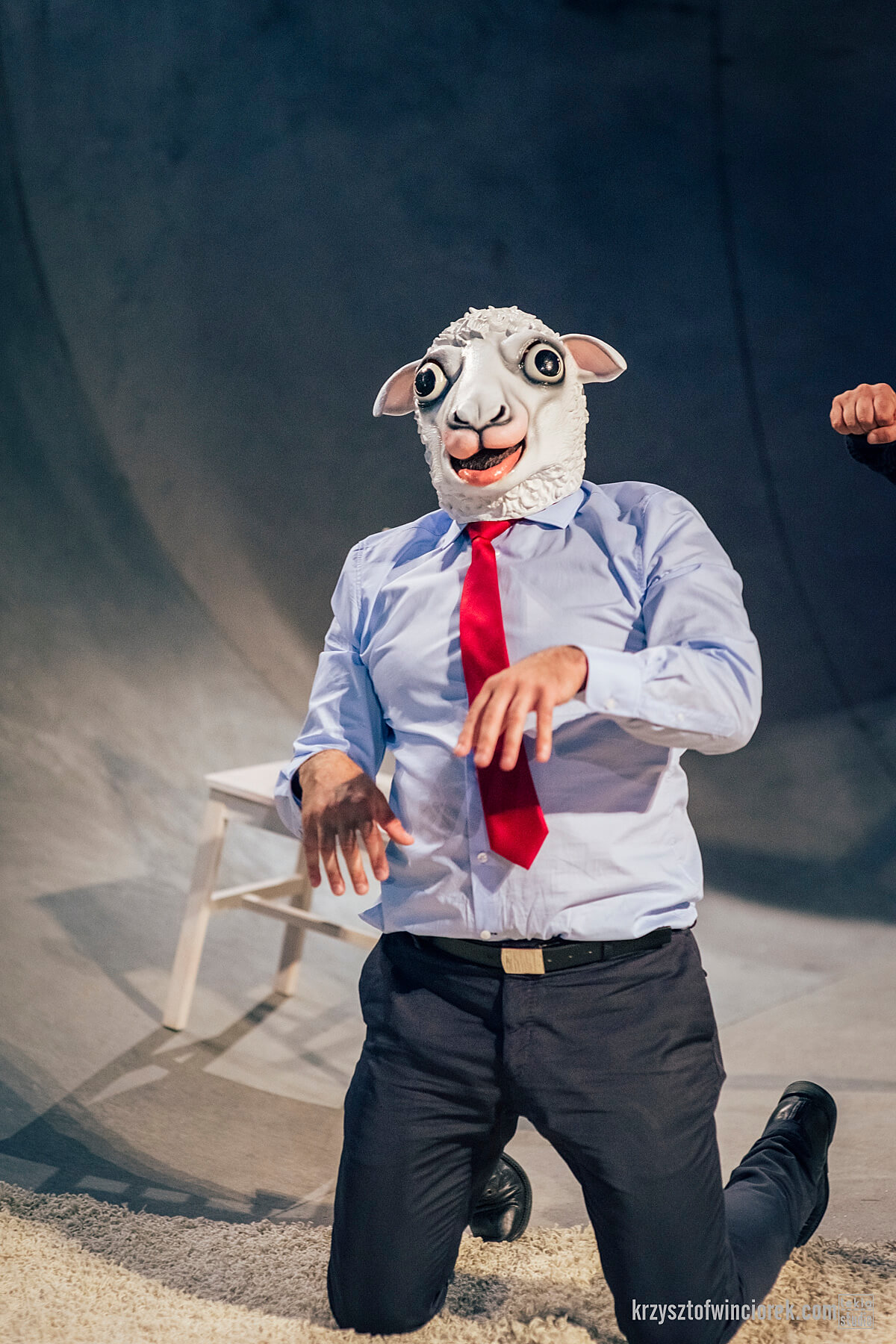 Aktor w koszuli z czerwonym krawatem i z maską owcy na głowie, na kolanach