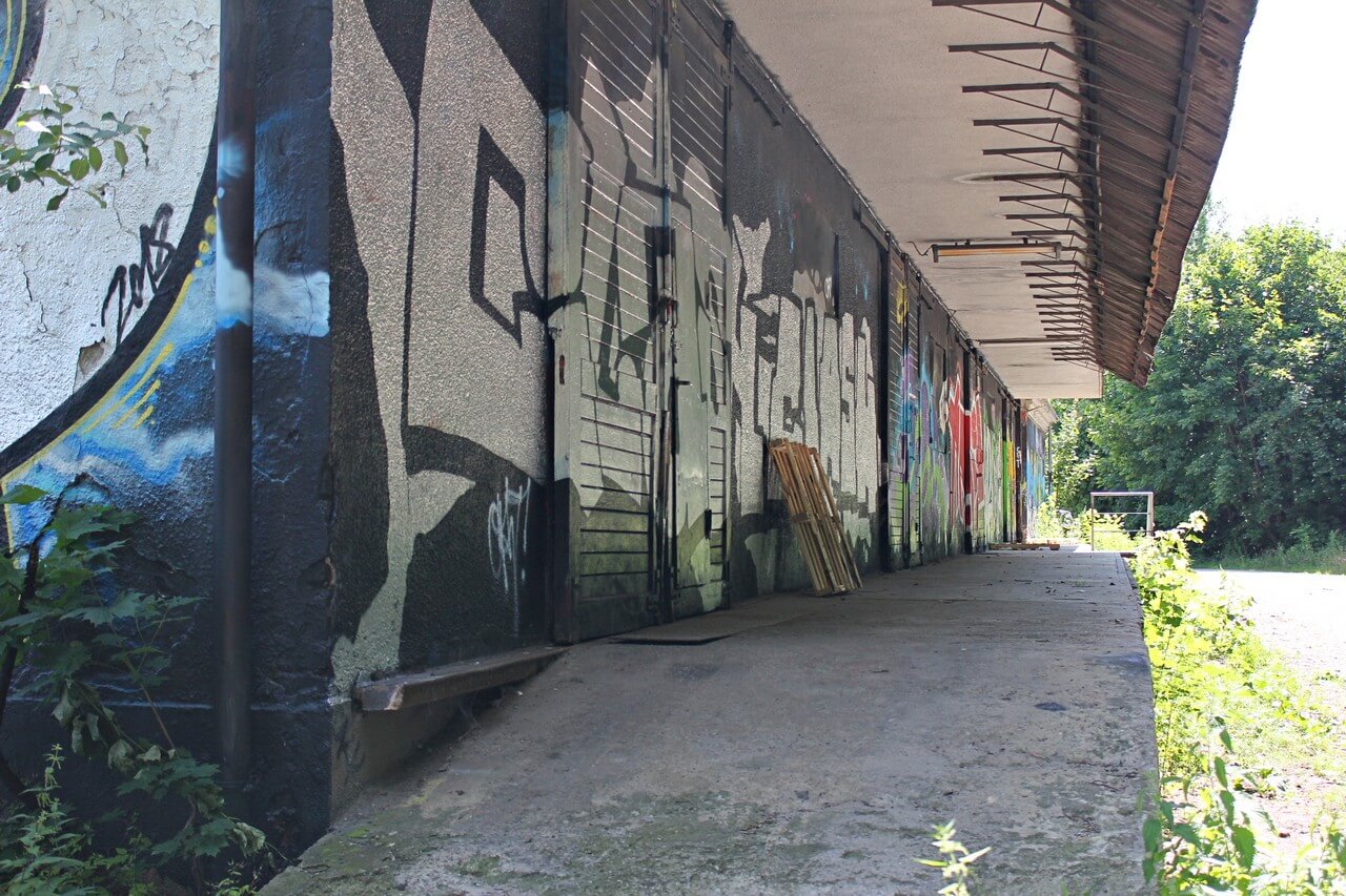 ciąg budynków pokrytych różnokolorowym graffiti, w tle las